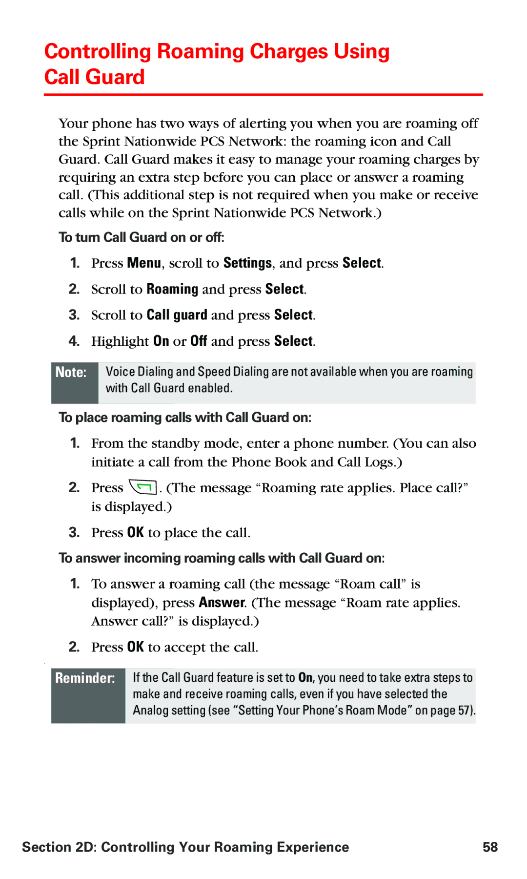 Nokia V-6016i manual Controlling Roaming Charges Using Call Guard, To turn Call Guard on or off 