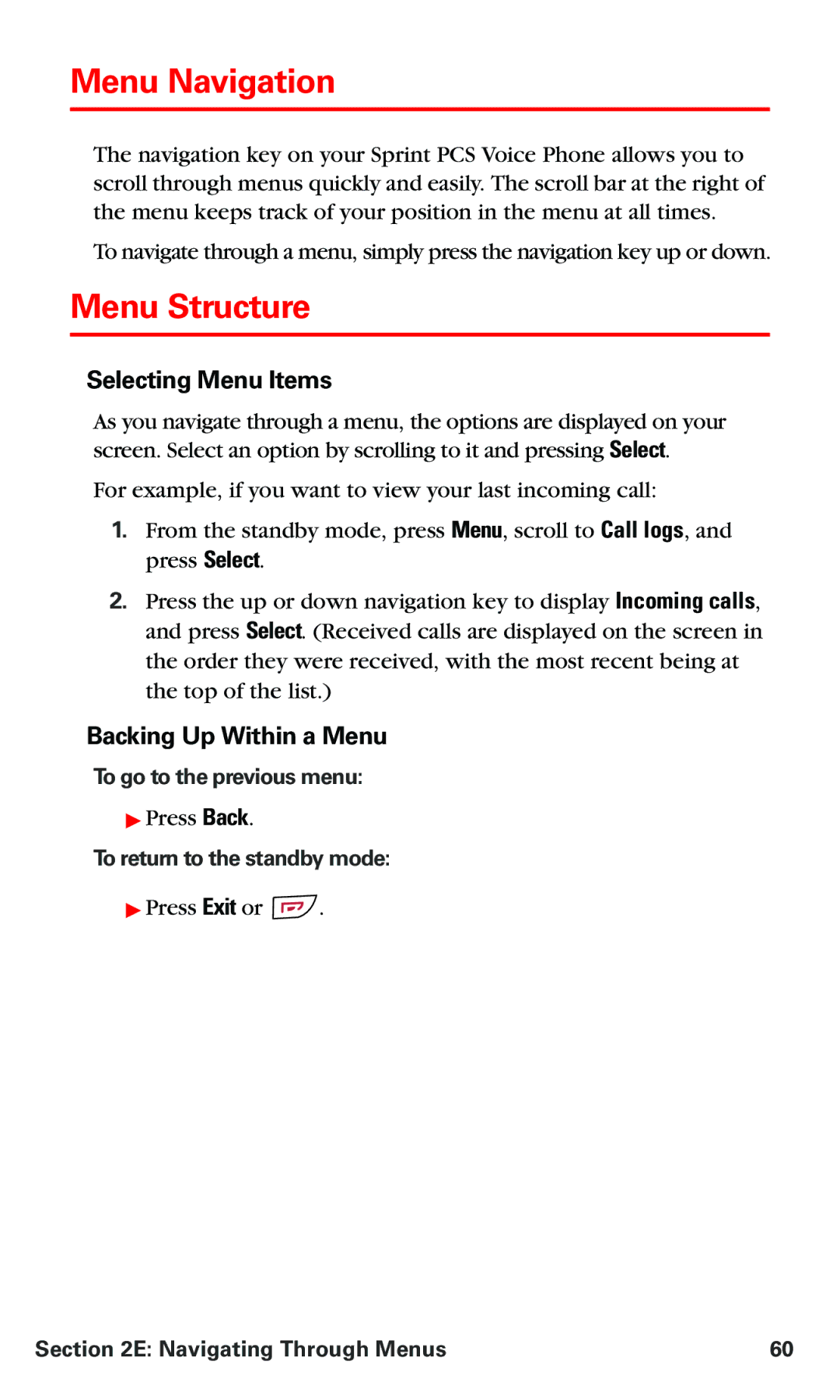 Nokia V-6016i manual Menu Navigation, Menu Structure, Selecting Menu Items, Backing Up Within a Menu 