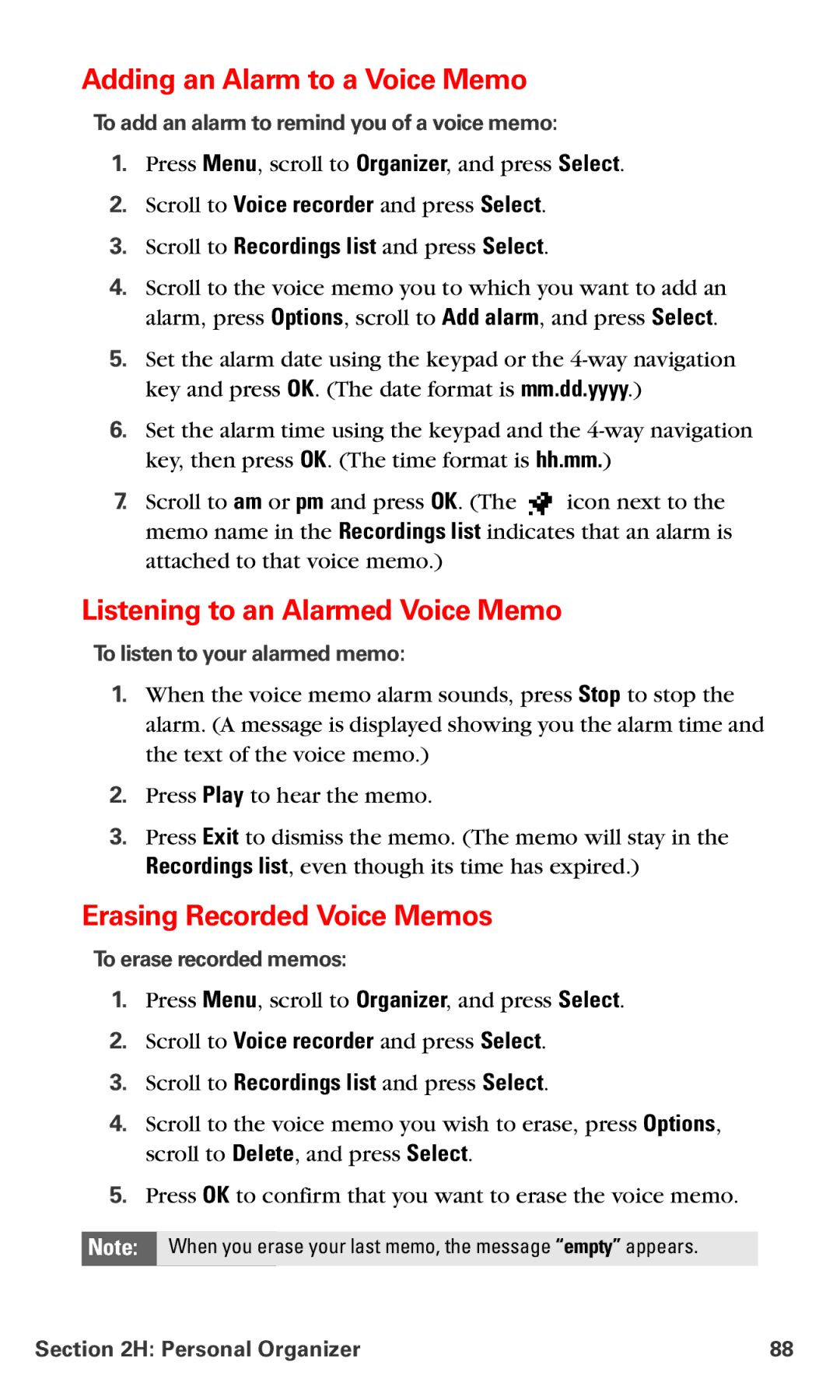 Nokia V-6016i manual Adding an Alarm to a Voice Memo, Listening to an Alarmed Voice Memo, Erasing Recorded Voice Memos 