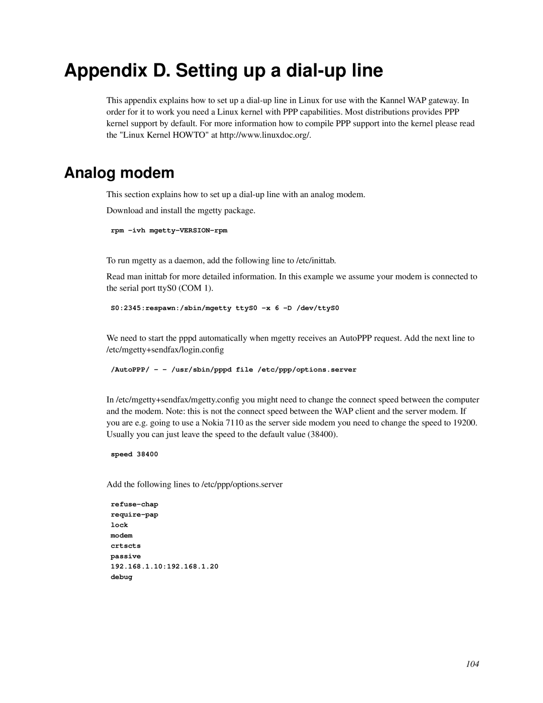 Nokia WAP and SMS gateway manual Appendix D. Setting up a dial-up line, Analog modem, 104 