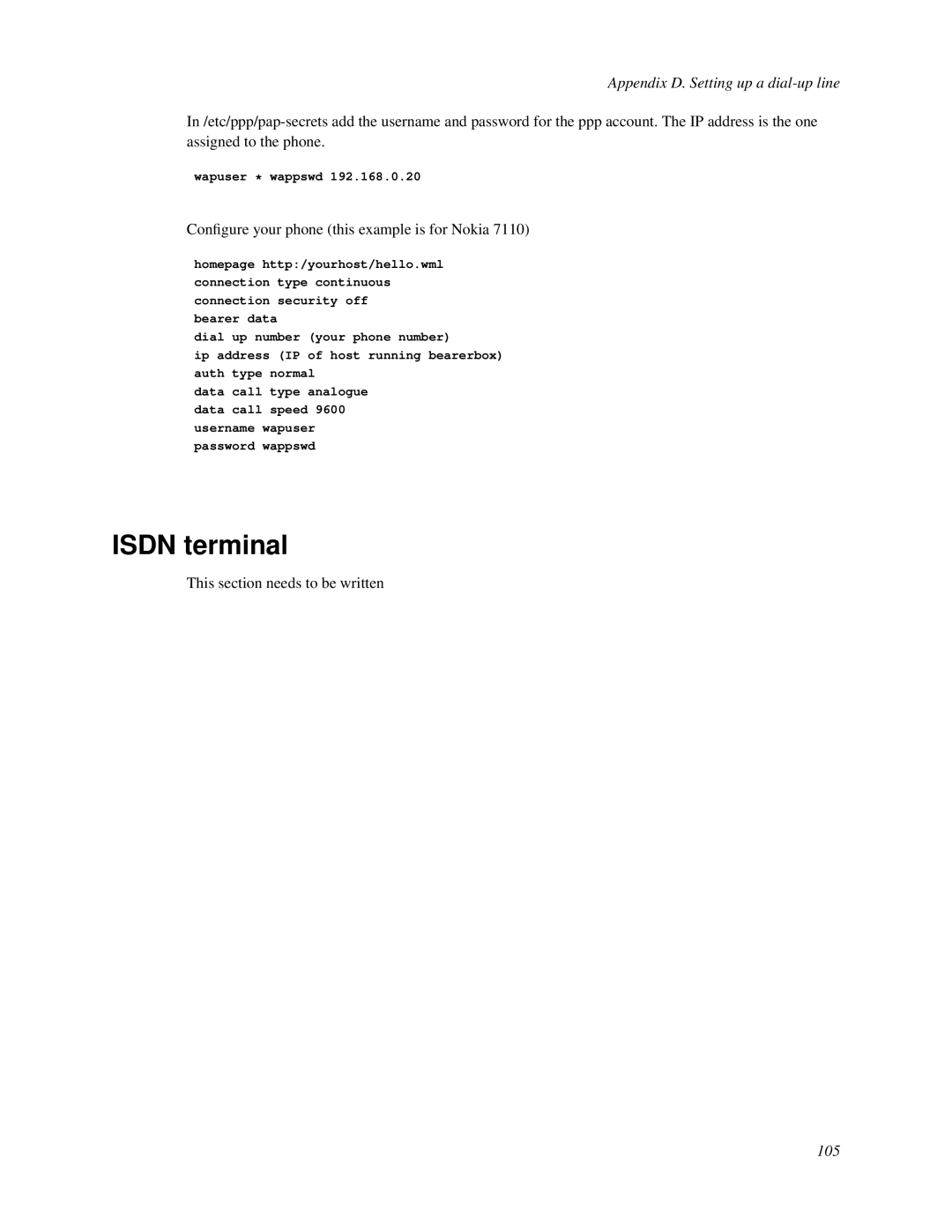 Nokia WAP and SMS gateway manual Isdn terminal, Conﬁgure your phone this example is for Nokia 