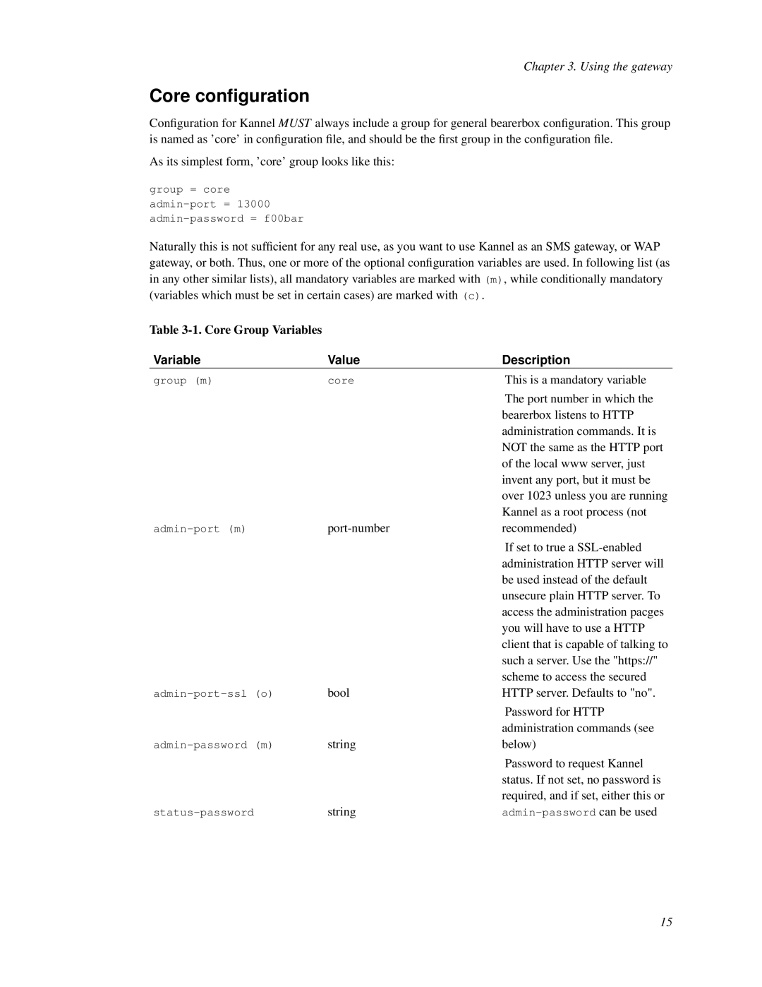 Nokia WAP and SMS gateway manual Core conﬁguration, Variable Value Description 