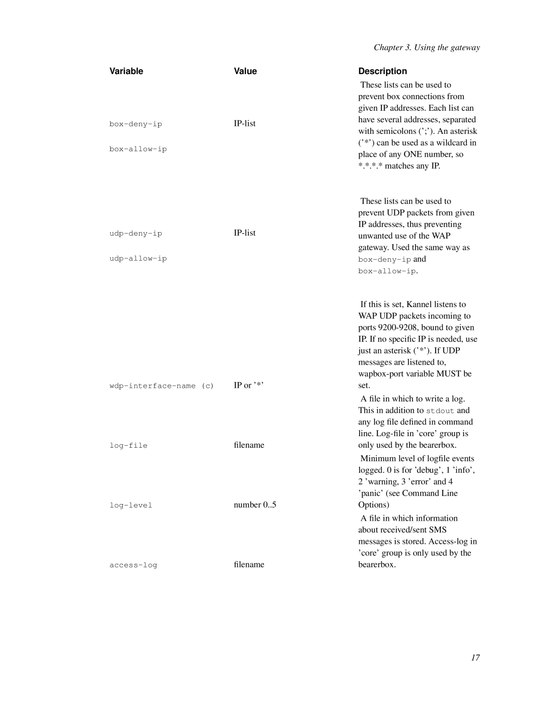 Nokia WAP and SMS gateway manual VariableValue, IP or ’*’, ﬁlename 