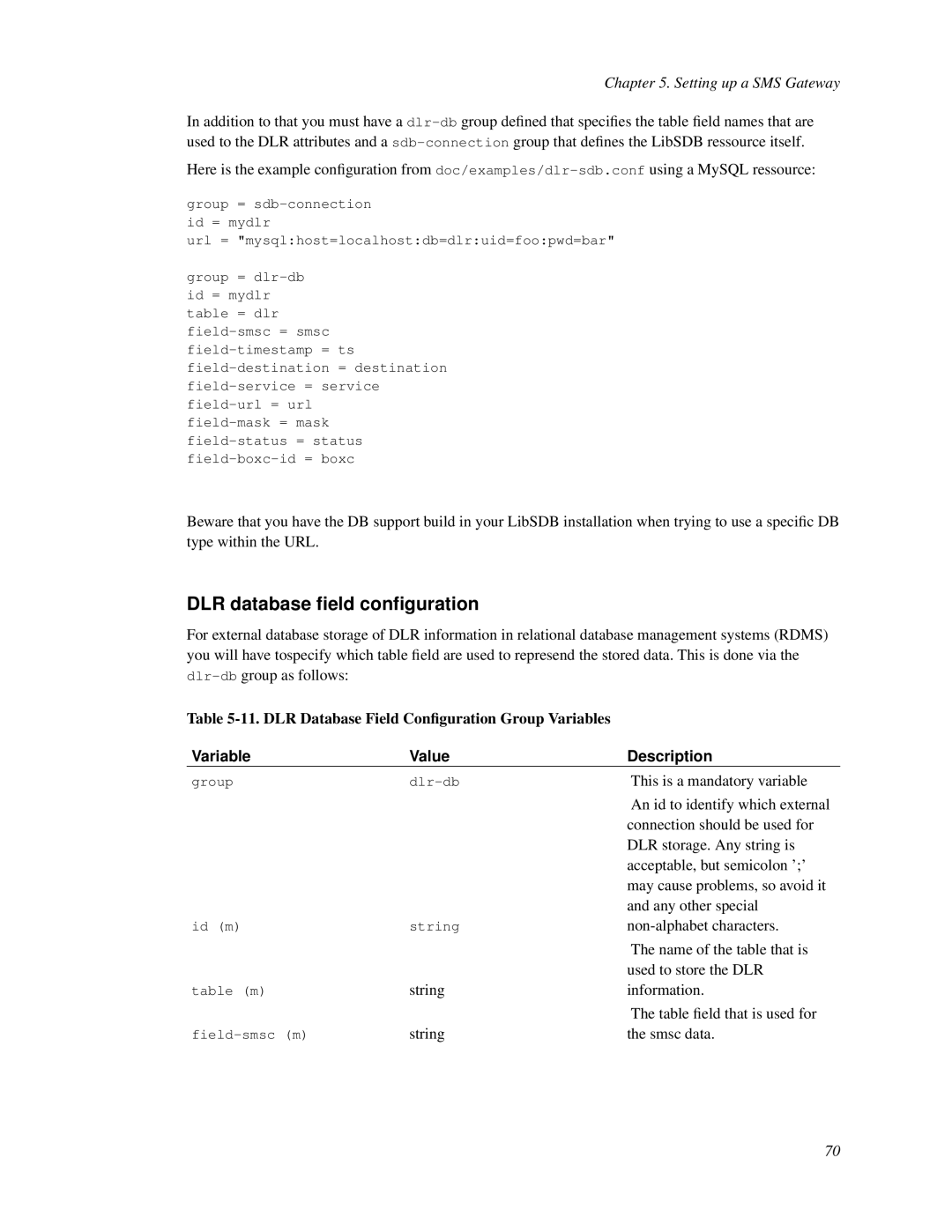 Nokia WAP and SMS gateway manual DLR database ﬁeld conﬁguration 