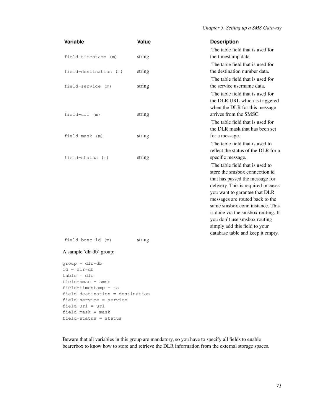 Nokia WAP and SMS gateway manual Variable, Table ﬁeld that is used for the timestamp data, Sample ’dlr-db’ group 