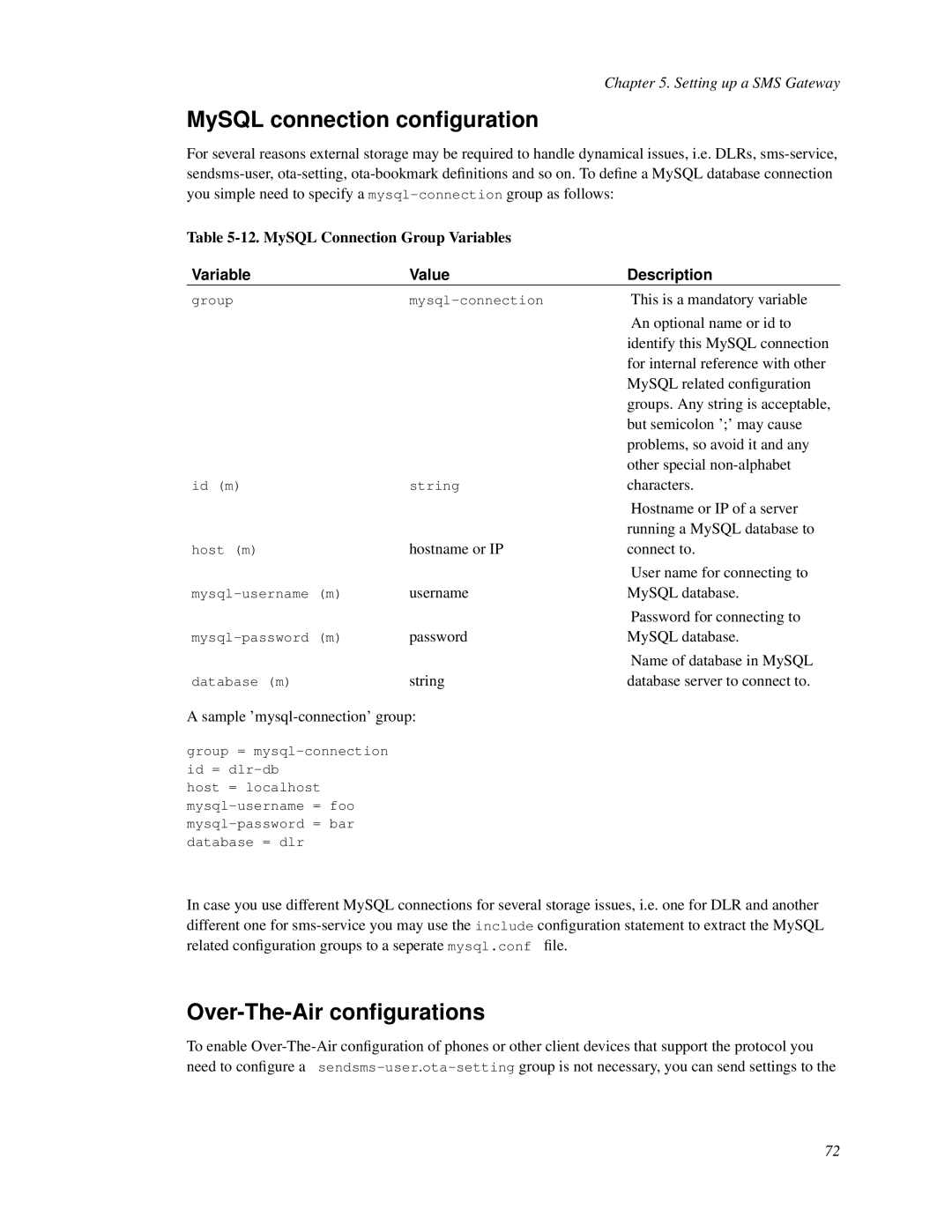 Nokia WAP and SMS gateway manual MySQL connection conﬁguration, Over-The-Air conﬁgurations 