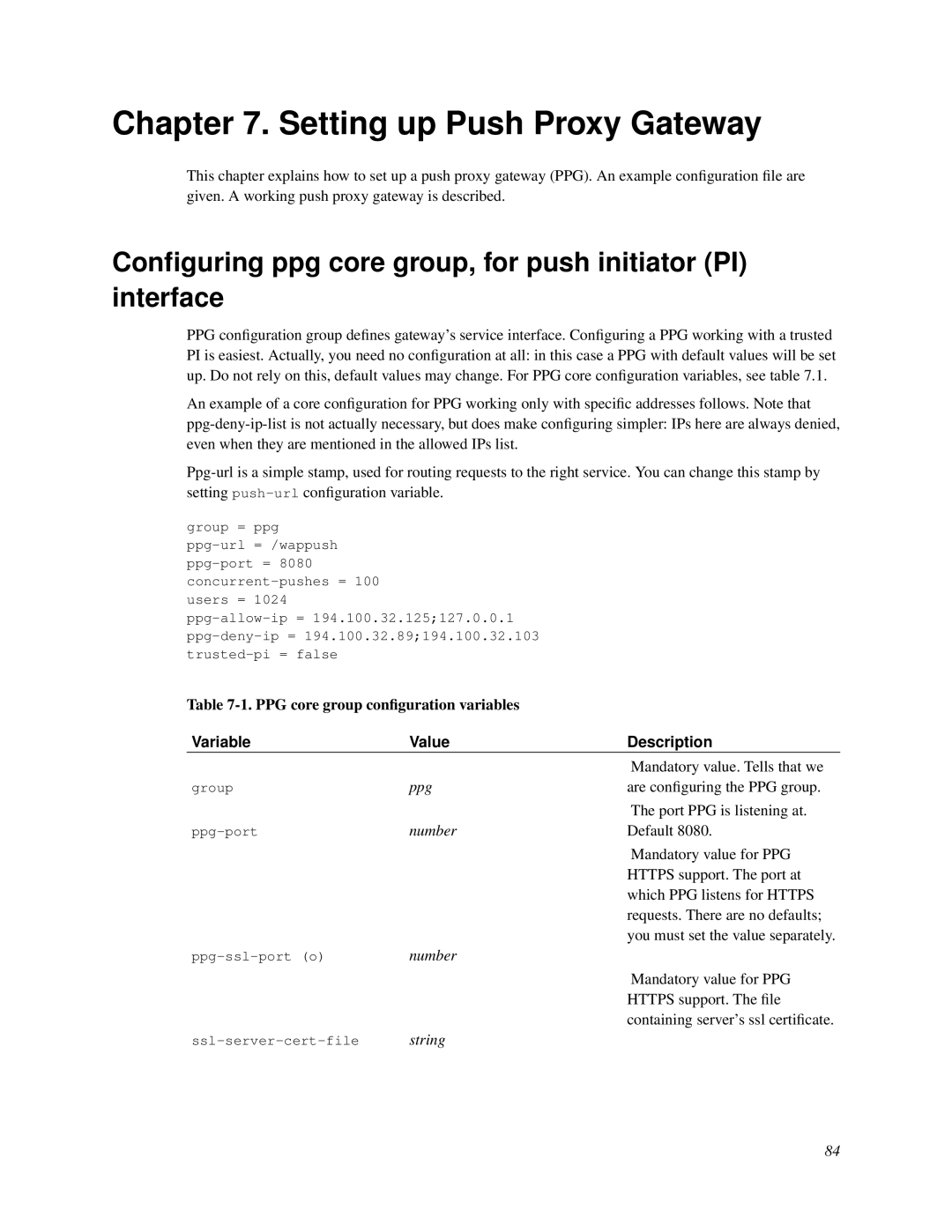 Nokia WAP and SMS gateway manual Setting up Push Proxy Gateway, Conﬁguring ppg core group, for push initiator PI interface 