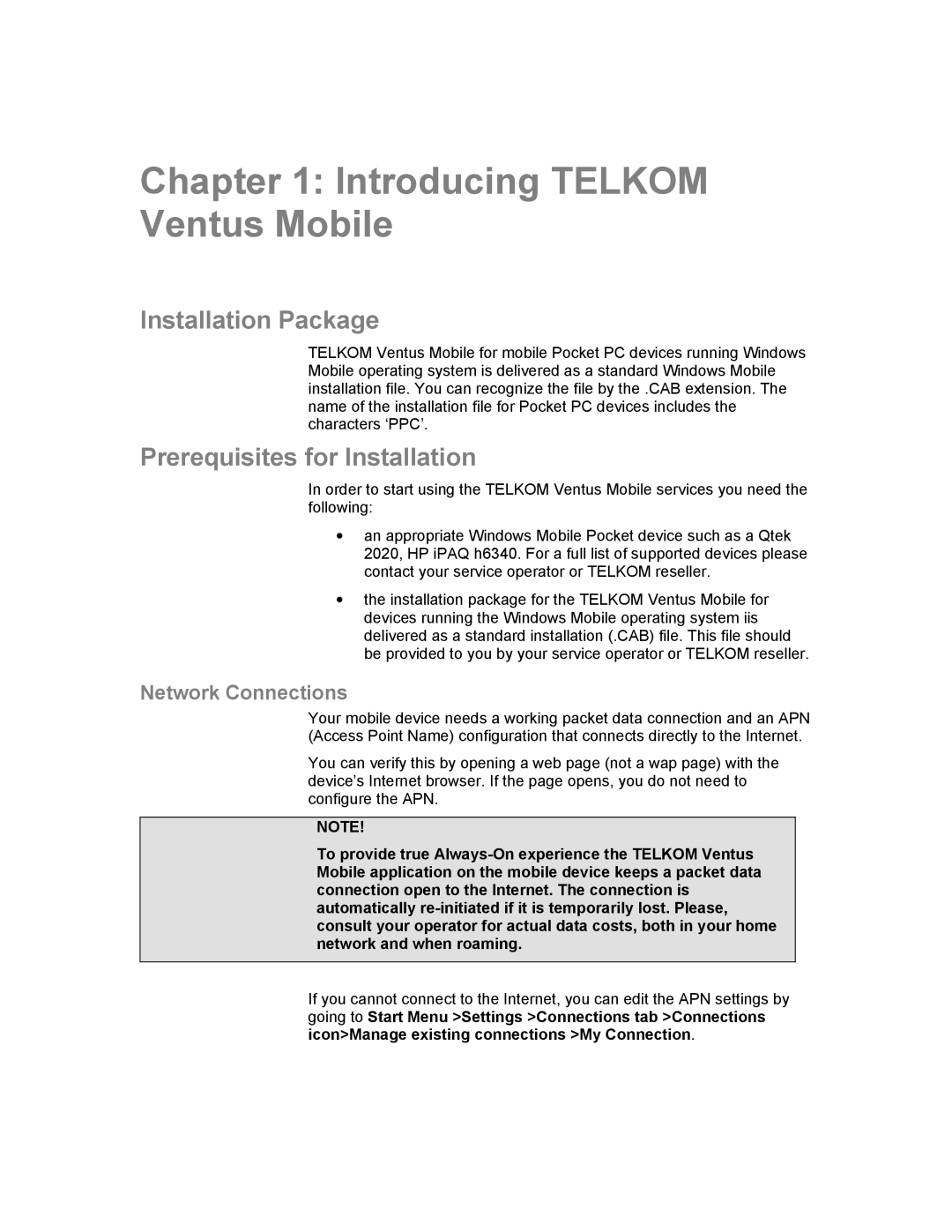 Nokia Windows Mobile Pocket PC Introducing Telkom Ventus Mobile, Installation Package, Prerequisites for Installation 