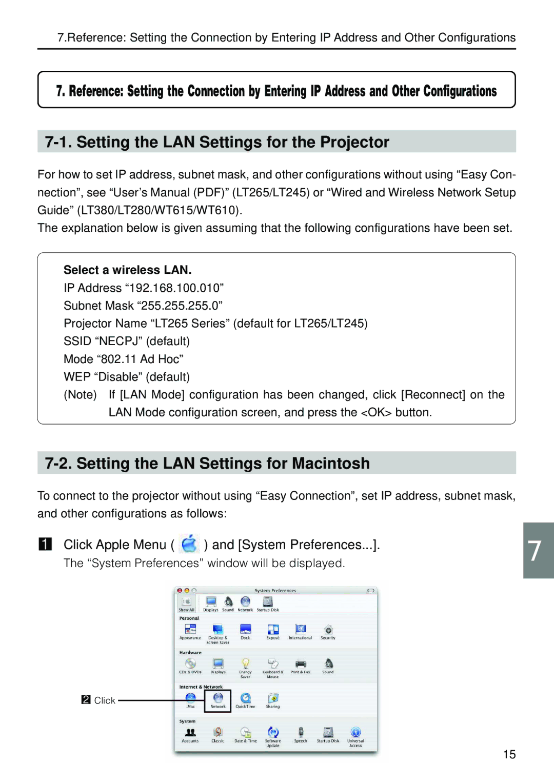 Nokia LT265, WT610, WT615, LT380, LT245 Setting the LAN Settings for the Projector, Setting the LAN Settings for Macintosh 