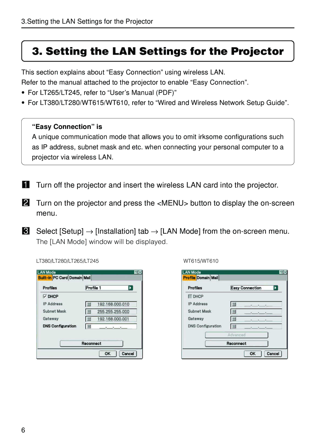 Nokia WT610, WT615, LT380, LT265, LT245, LT280 manual Setting the LAN Settings for the Projector, Easy Connection is 