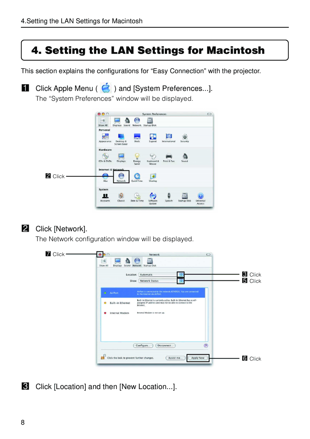 Nokia LT380, WT610, WT615 Setting the LAN Settings for Macintosh, Click Apple Menu and System Preferences, Click Network 