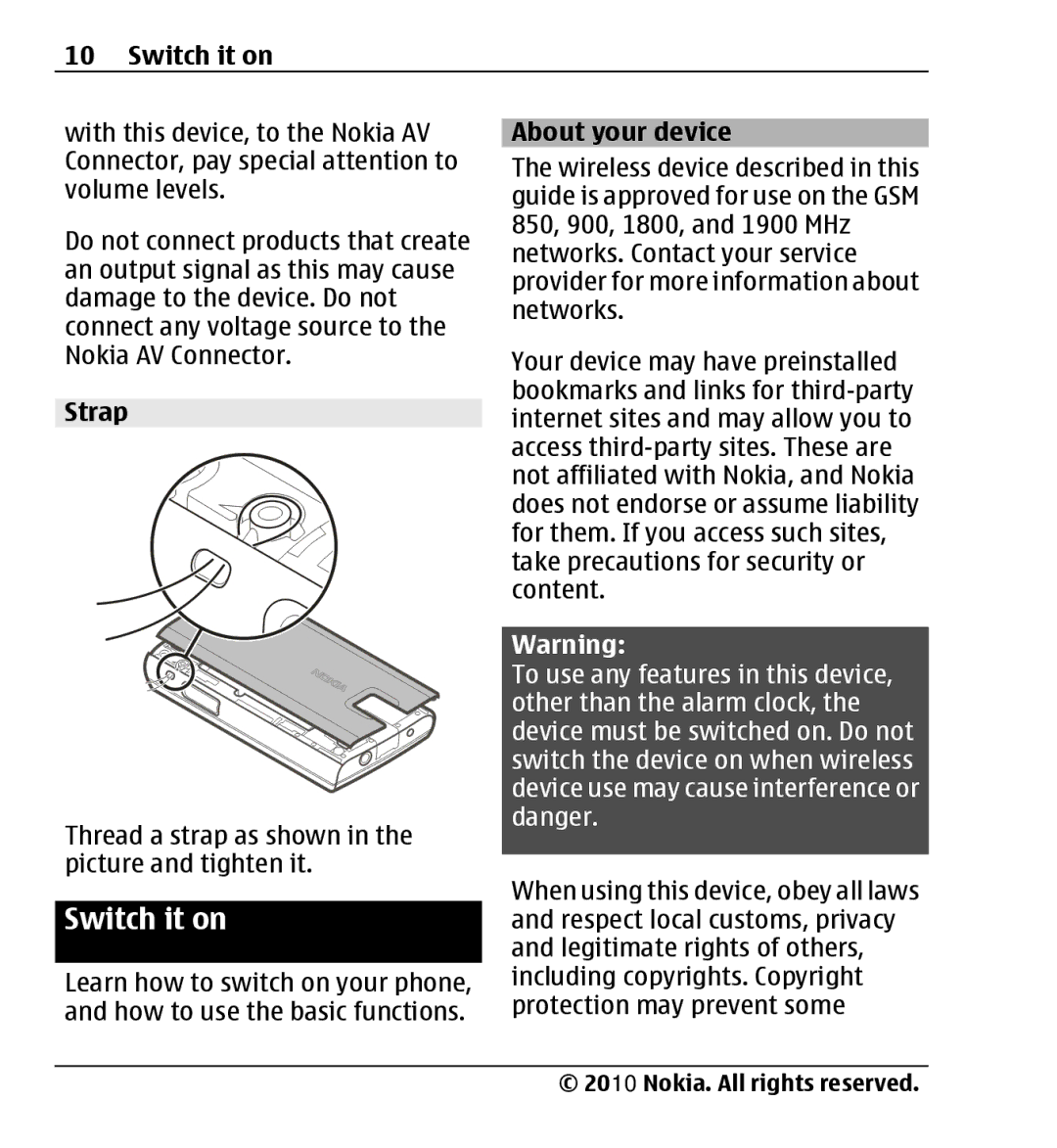 Nokia X3-00 manual Switch it on, Strap, Thread a strap as shown in the picture and tighten it, About your device 