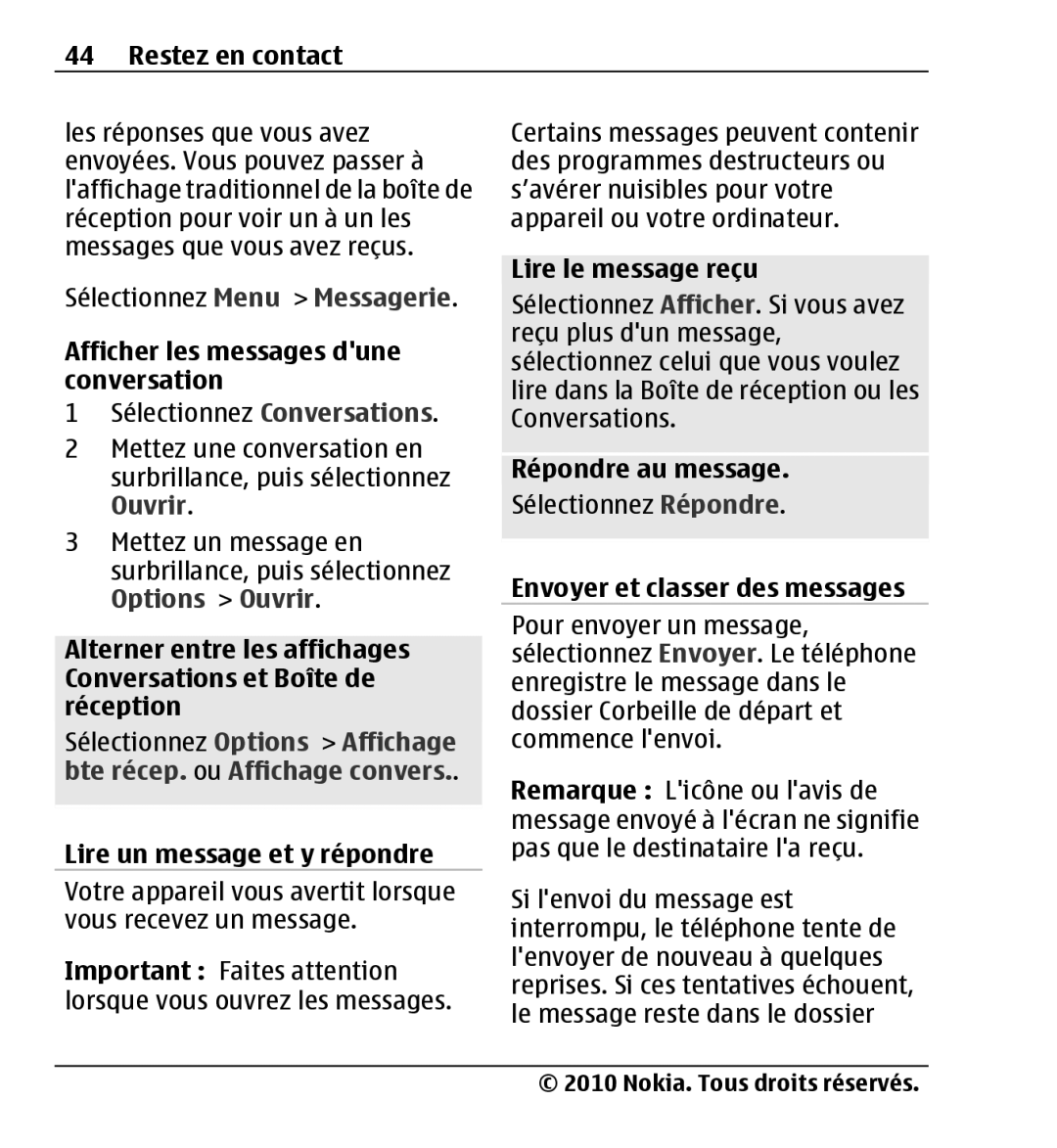 Nokia X3-00 manual Afficher les messages dune conversation, Sélectionnez Répondre 