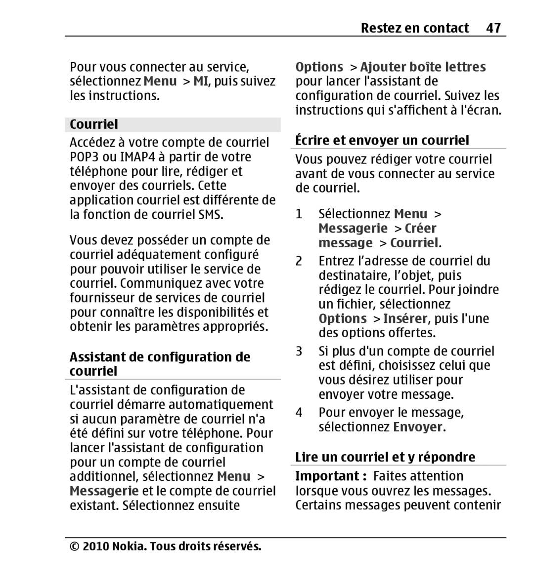 Nokia X3-00 manual Courriel, Assistant de configuration de courriel, Écrire et envoyer un courriel 