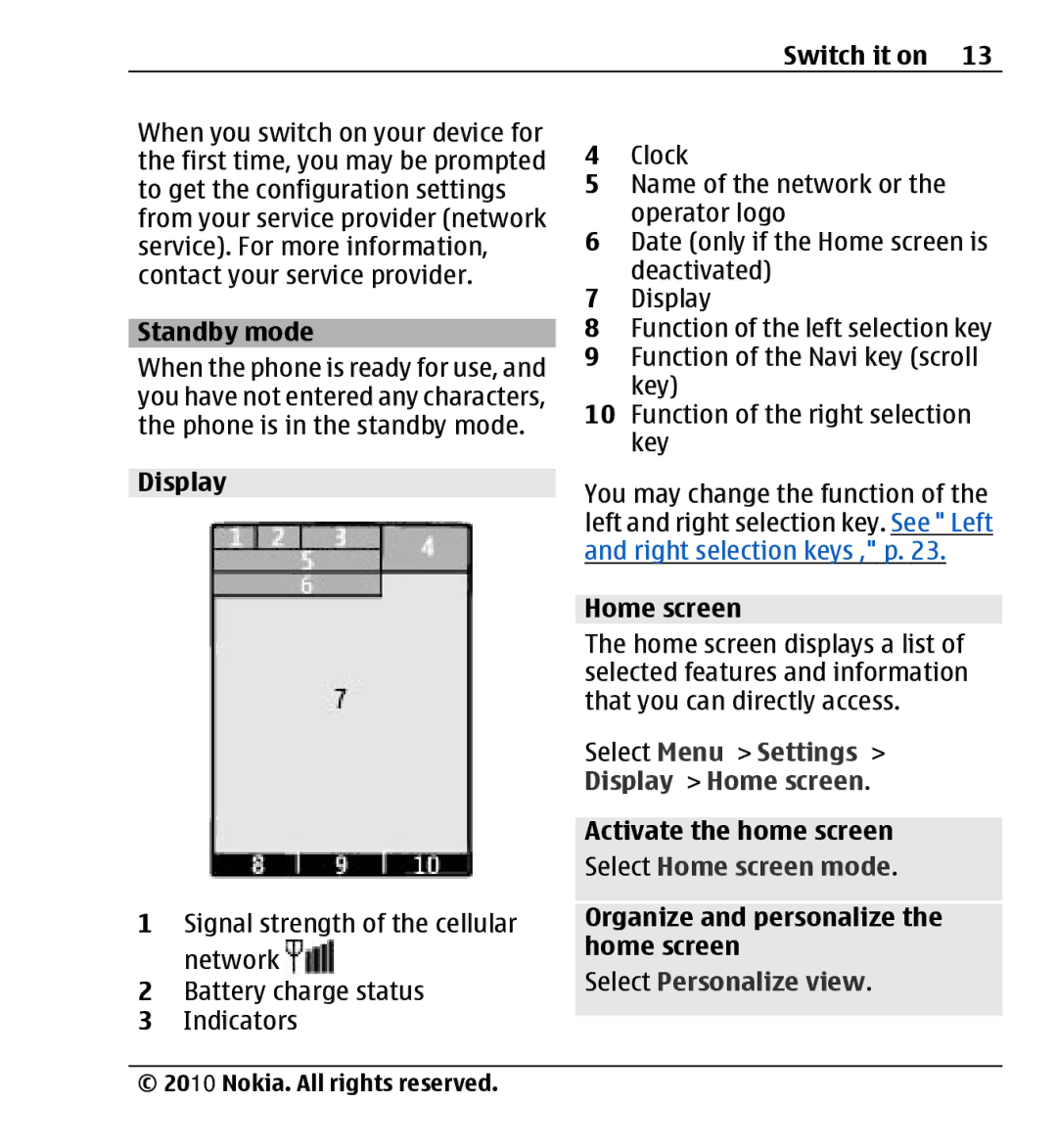 Nokia X3-00 manual Standby mode, Display, Home screen, Organize and personalize the home screen, Select Personalize view 