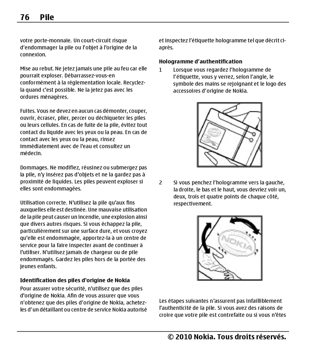 Nokia X3-00 manual Pile, Identification des piles dorigine de Nokia, Hologramme d’authentification 