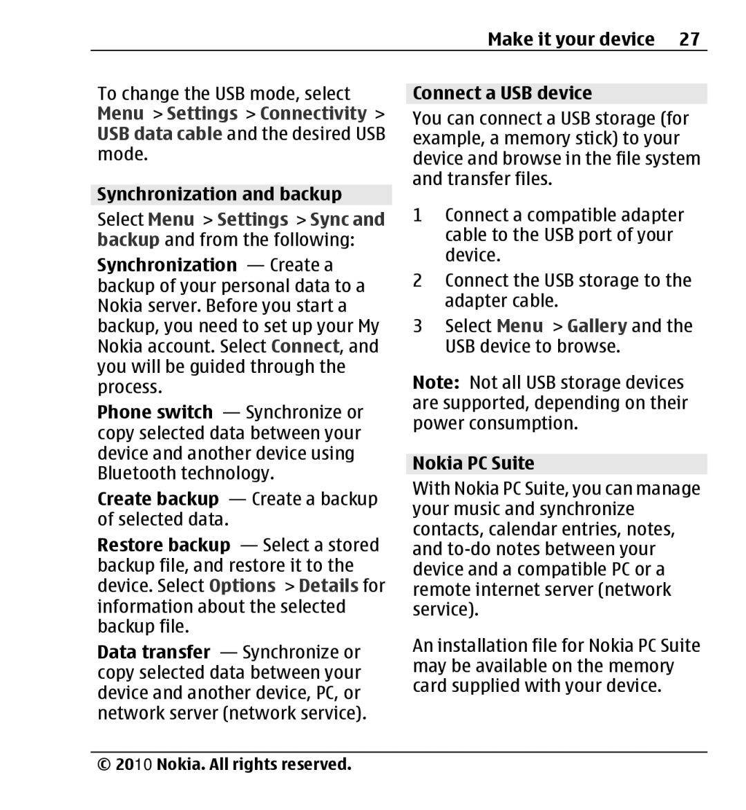 Nokia X3-00 manual Connect a USB device, Nokia PC Suite 