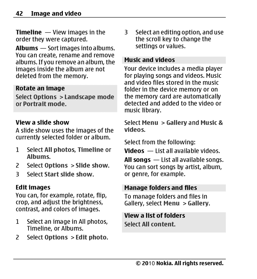 Nokia X3-00 manual Select Options Landscape mode or Portrait mode, Select Options Edit photo, Select All content 