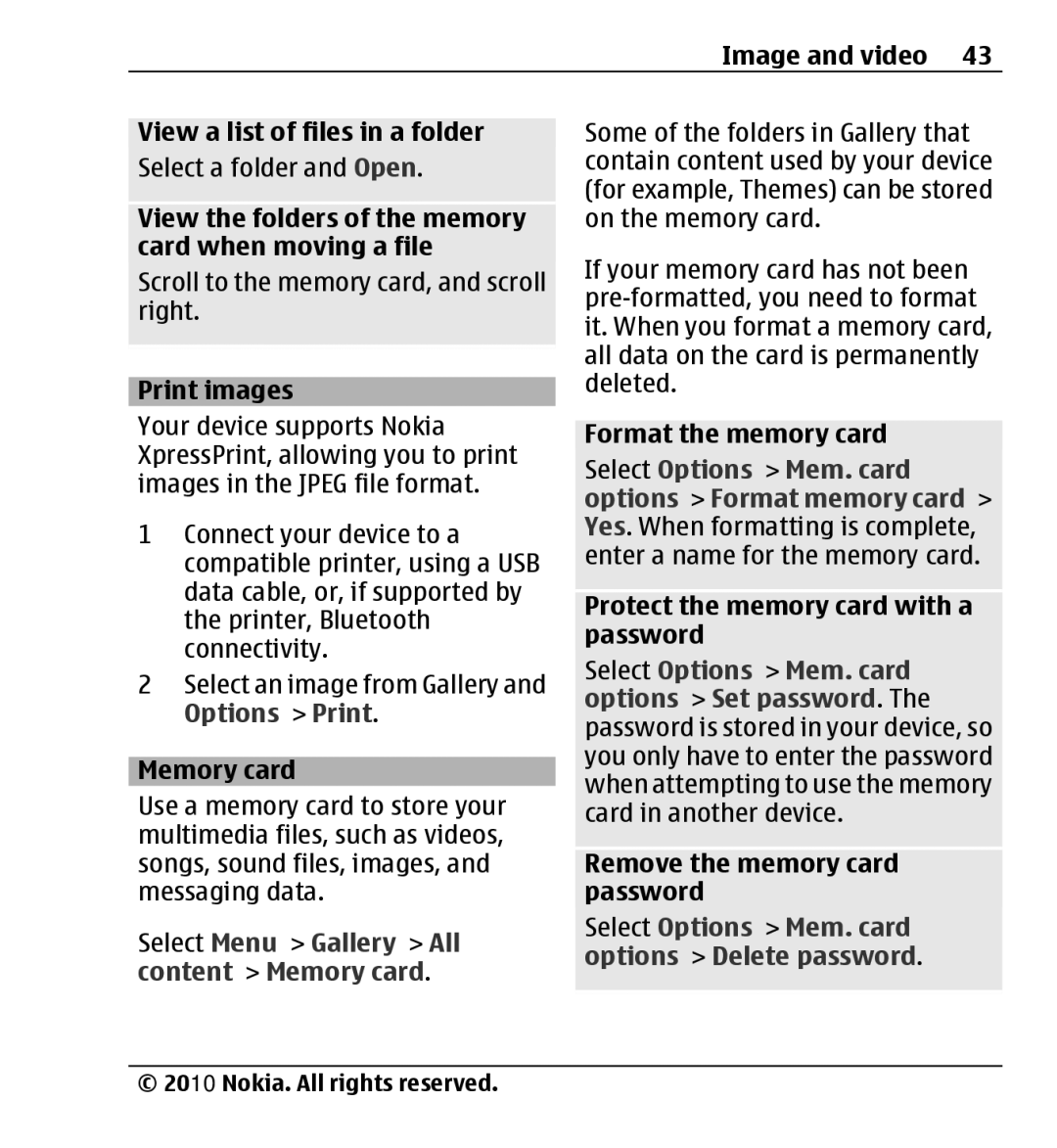 Nokia X3-00 manual Scroll to the memory card, and scroll right, Print images, Memory card, Remove the memory card password 