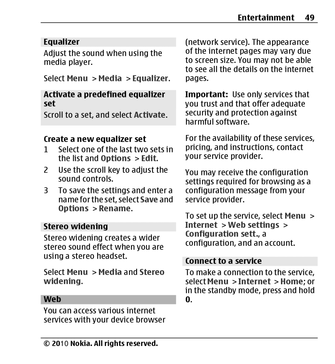 Nokia X3-00 manual Select Menu Media Equalizer, Select Menu Media and Stereo Widening 