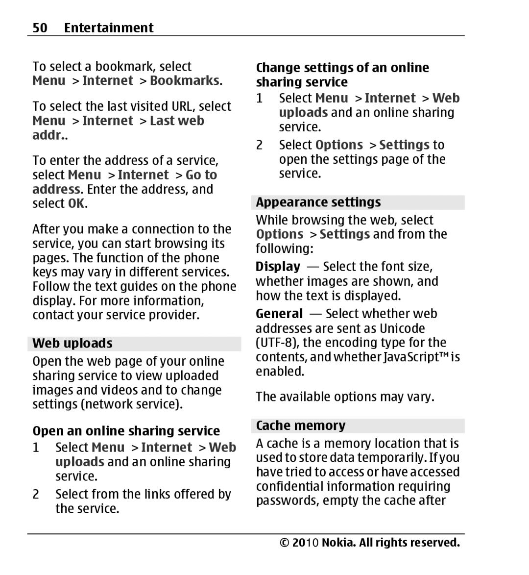 Nokia X3-00 Web uploads, Open an online sharing service, Change settings of an online sharing service, Appearance settings 