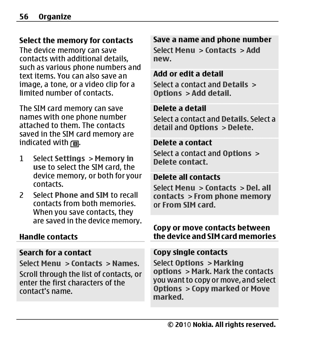 Nokia X3-00 manual Handle contacts Search for a contact, Delete a detail, Delete a contact, Delete all contacts 