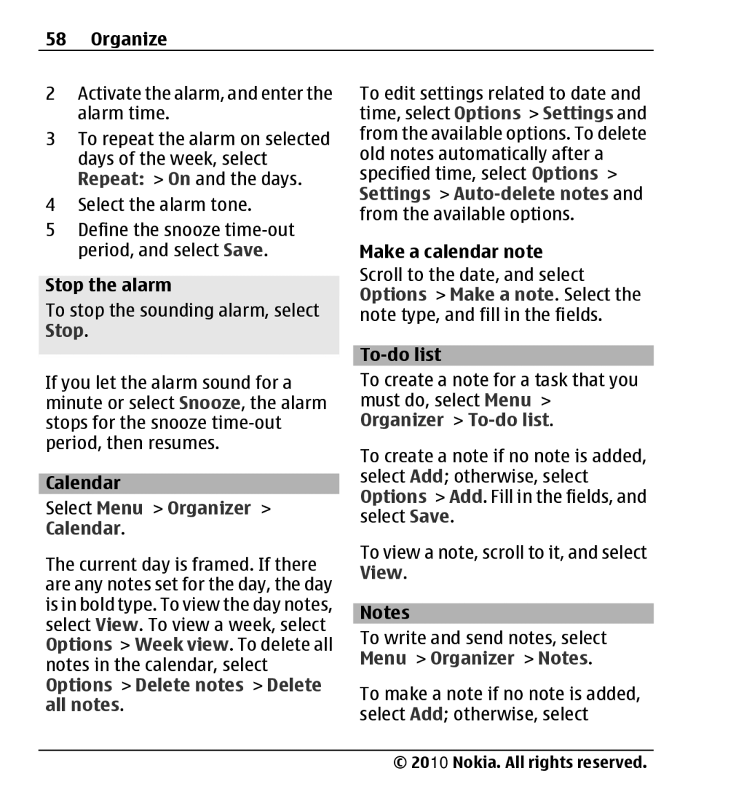 Nokia X3-00 manual Stop the alarm, Select Menu Organizer Calendar, Make a calendar note, To-do list 