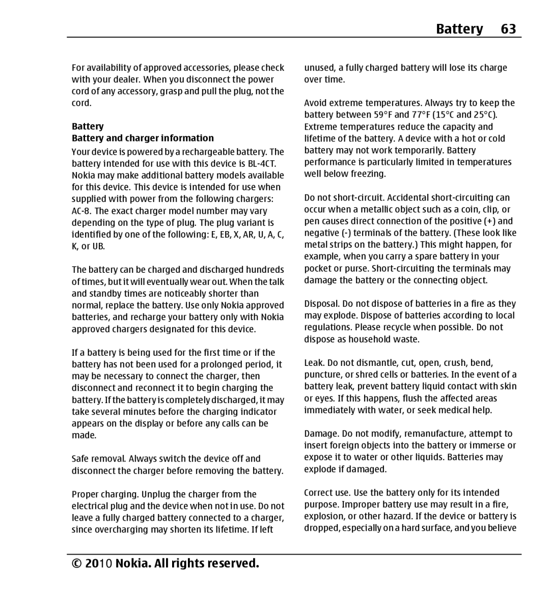 Nokia X3-00 manual Battery Battery and charger information 