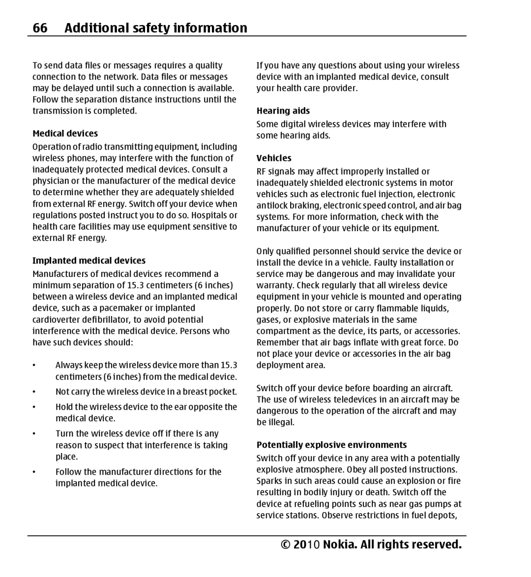 Nokia X3-00 manual Medical devices, Implanted medical devices, Hearing aids, Vehicles, Potentially explosive environments 