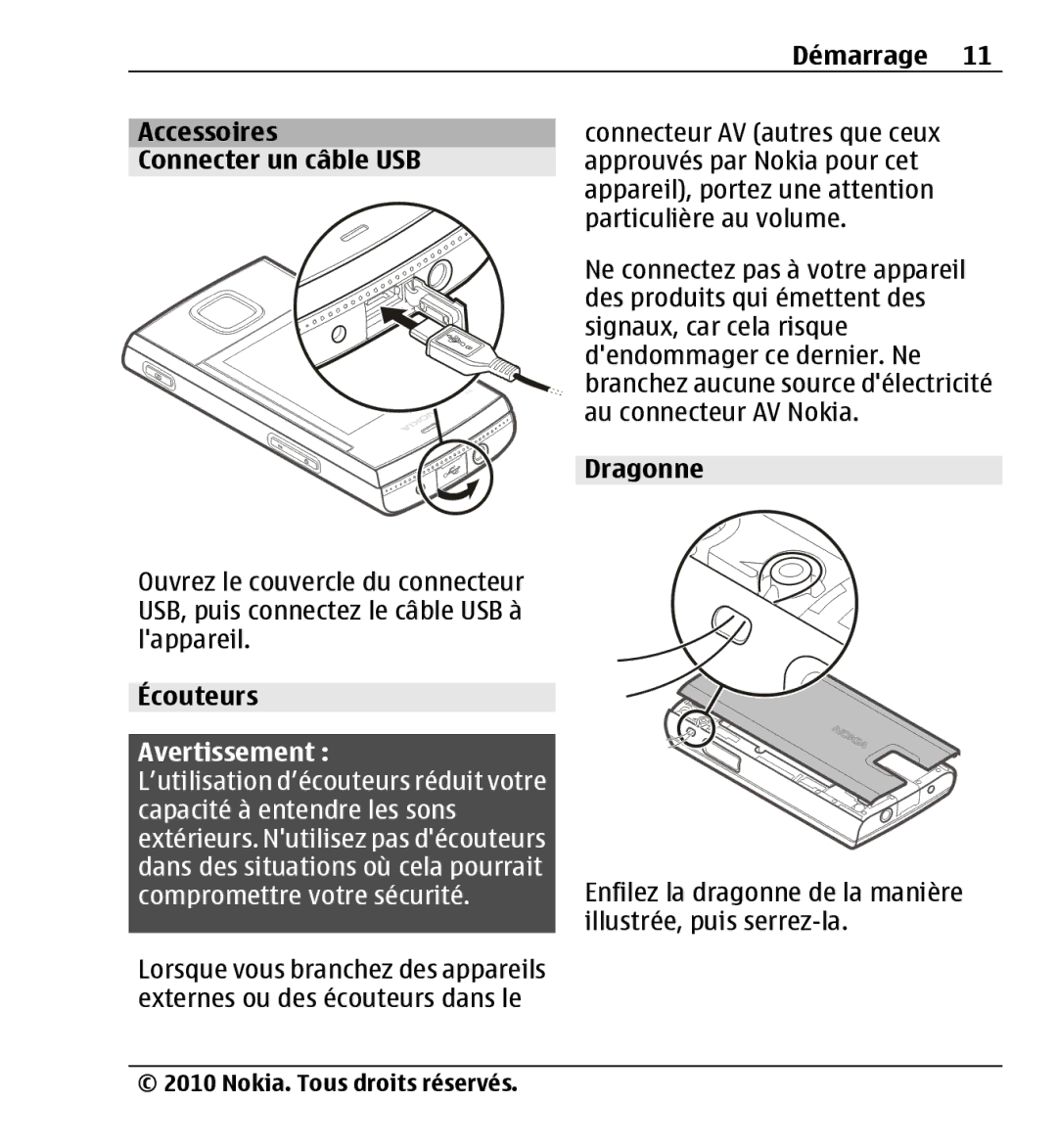 Nokia X3-00 manual Démarrage Accessoires Connecter un câble USB, Écouteurs, Dragonne 