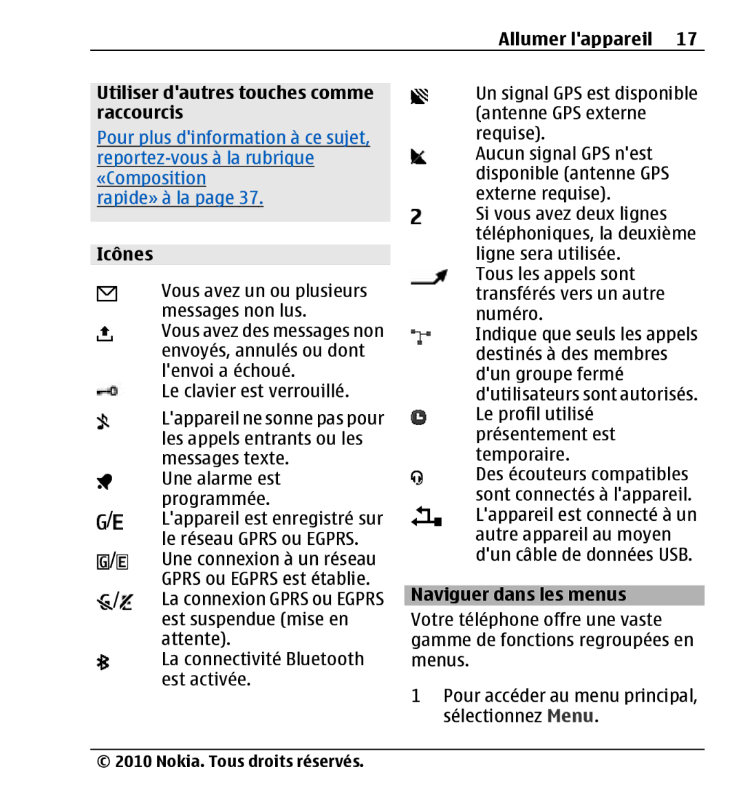 Nokia X3-00 manual Allumer lappareil Utiliser dautres touches comme raccourcis, Icônes, Naviguer dans les menus 