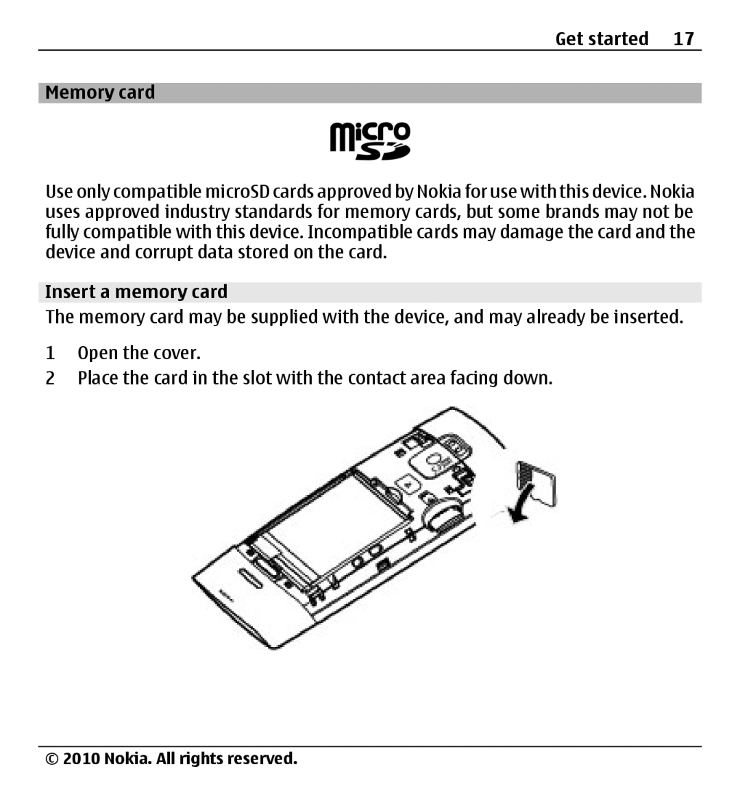 Nokia X500 manual Get started Memory card, Insert a memory card 