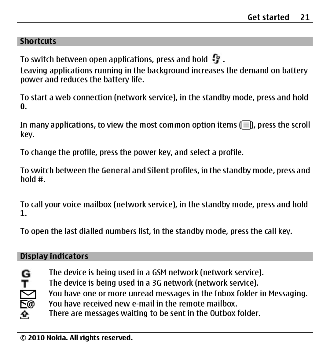 Nokia X500 manual Get started Shortcuts, Display indicators 