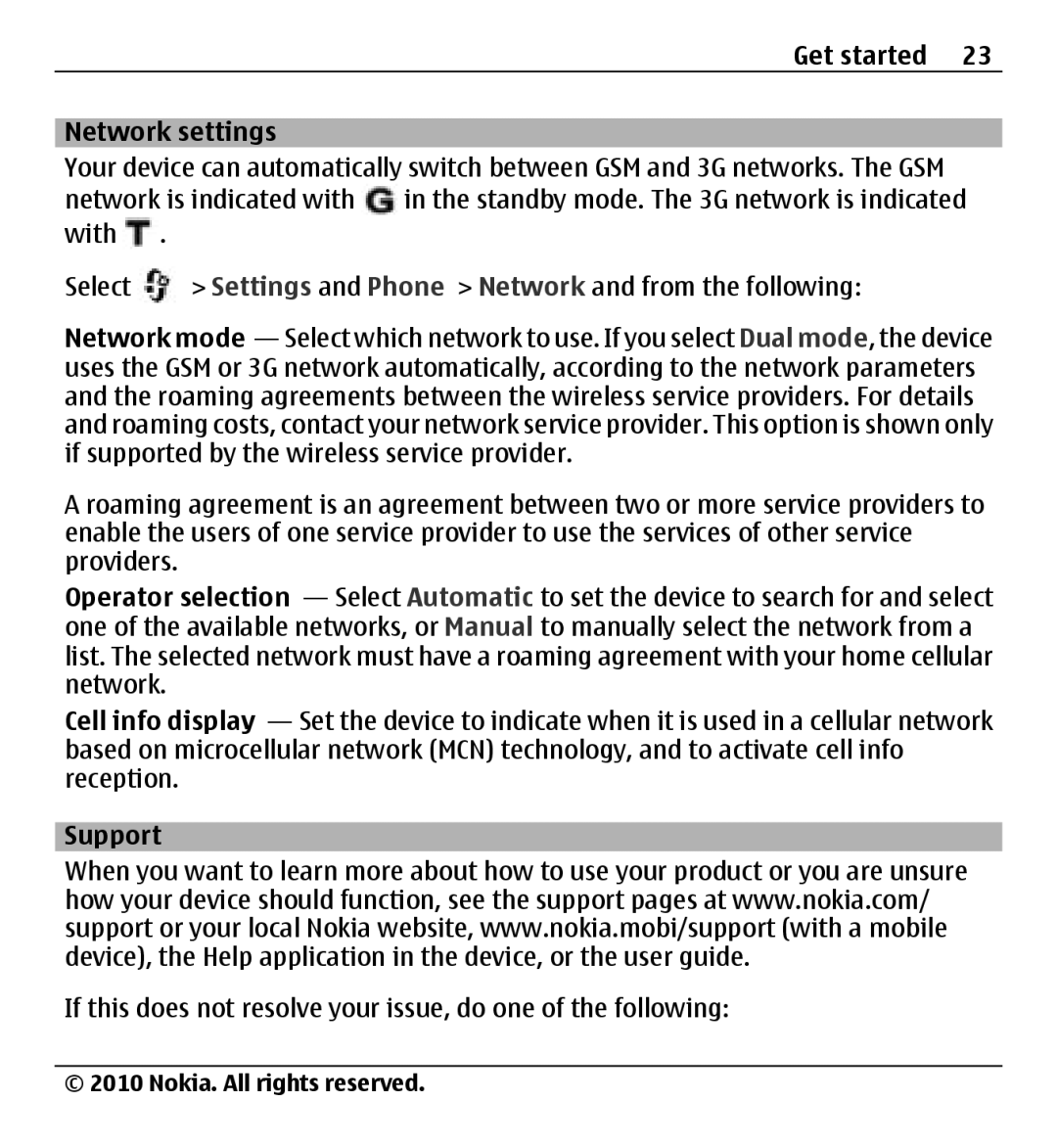 Nokia X500 manual Get started Network settings, Support 