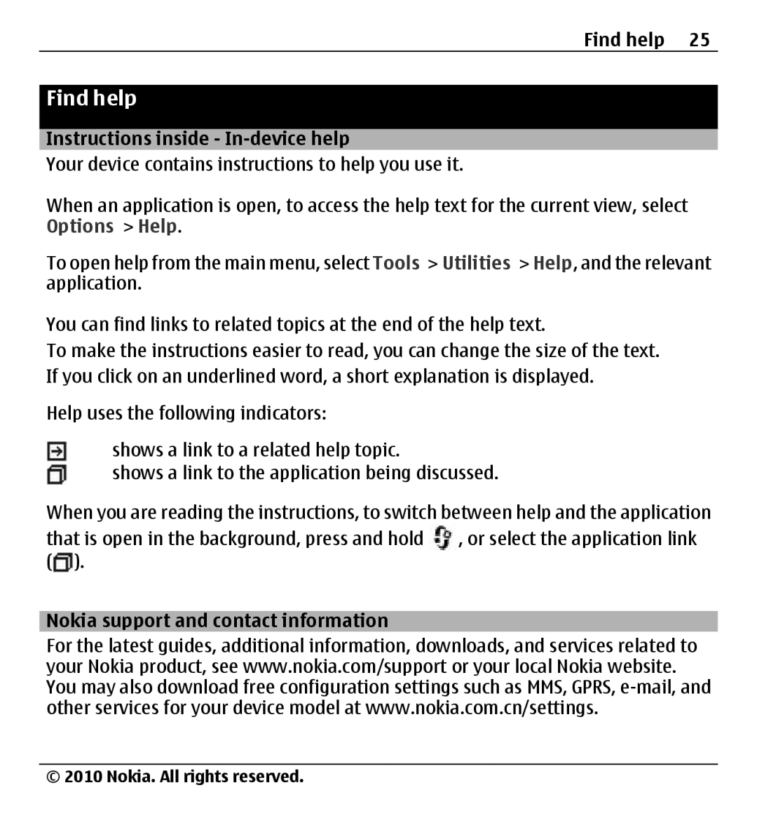 Nokia X500 manual Find help, Instructions inside In-device help, Nokia support and contact information 