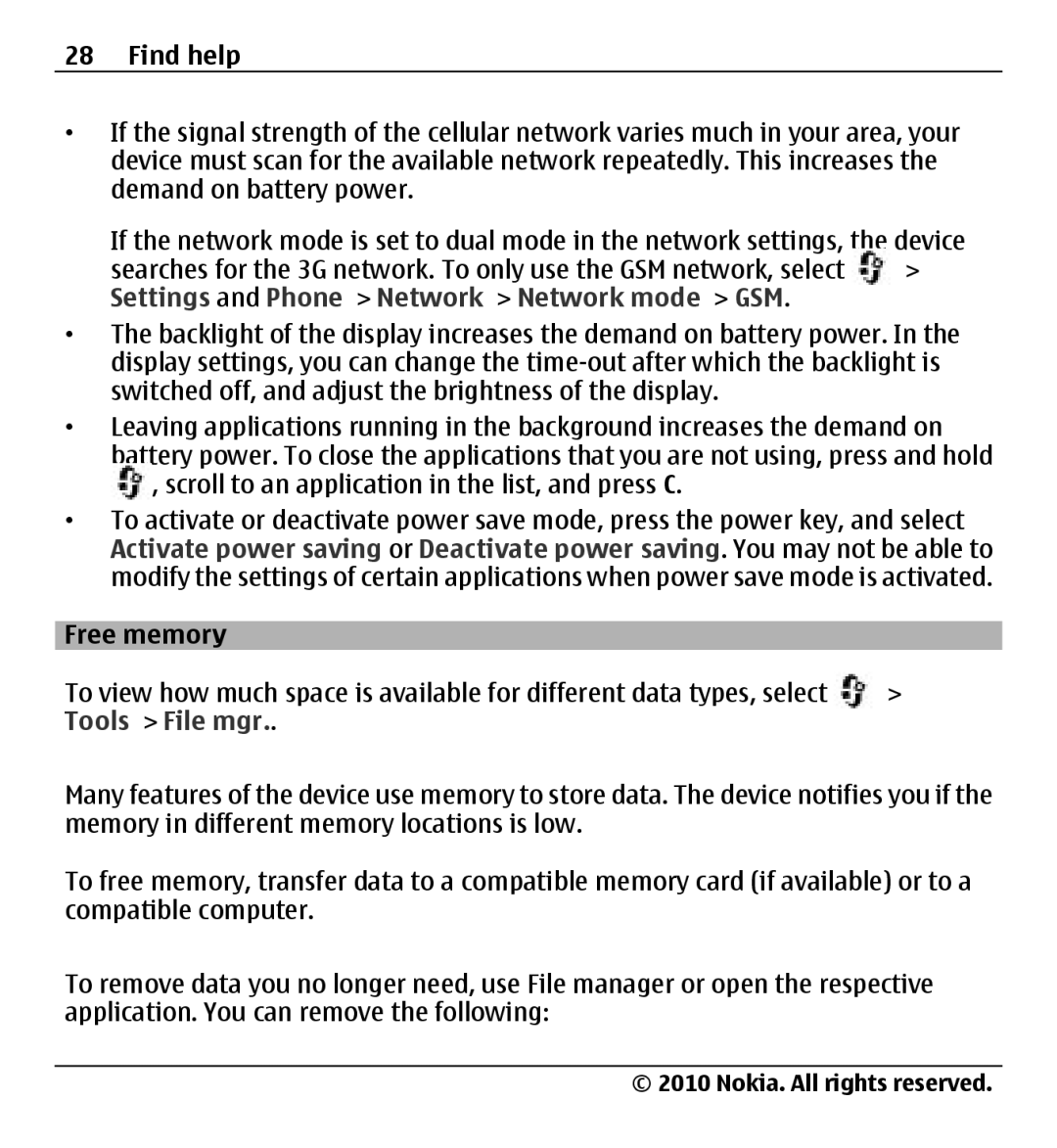 Nokia X500 manual Free memory, Tools File mgr 