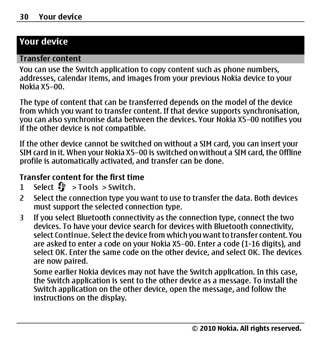 Nokia X500 manual Your device, Transfer content for the first time 