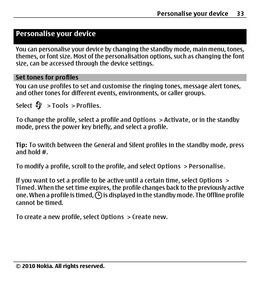 Nokia X500 manual Personalise your device, Set tones for profiles, Select Tools Profiles 