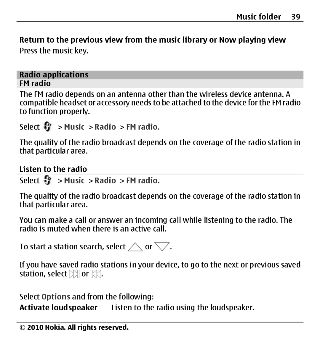 Nokia X500 manual Select Music Radio FM radio, Listen to the radio 