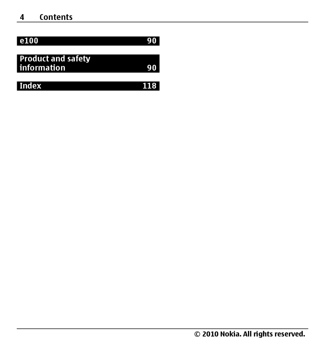 Nokia X500 manual Contents E100 Product and safety Information Index 118 