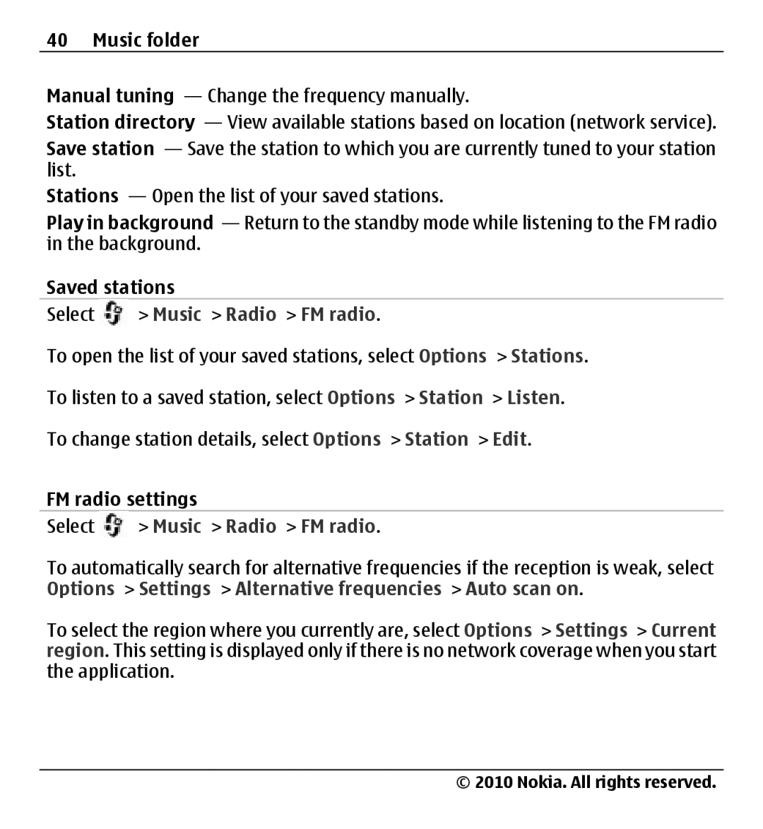 Nokia X500 manual Saved stations, FM radio settings 