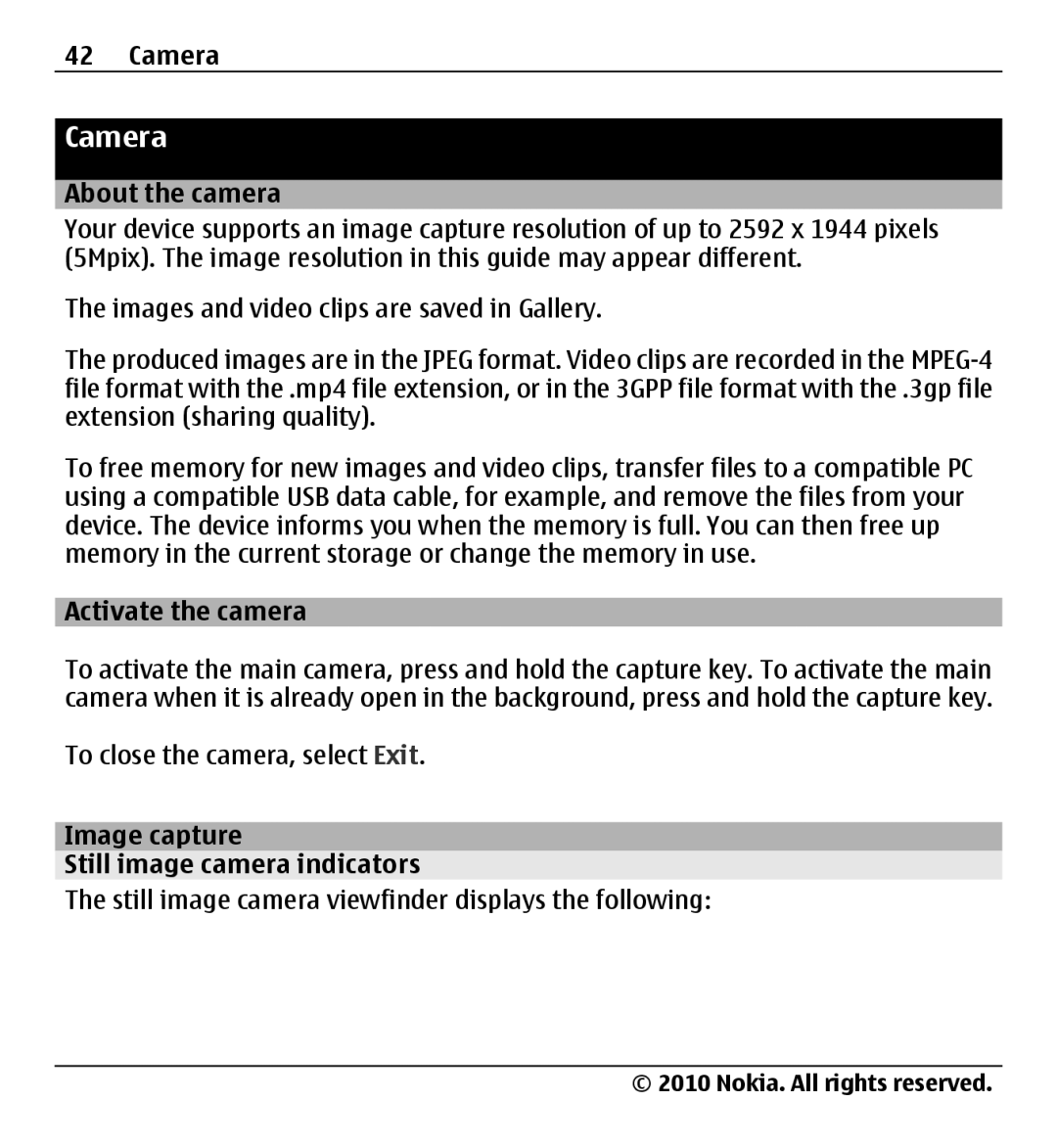 Nokia X500 manual Camera, About the camera, Activate the camera, Image capture Still image camera indicators 