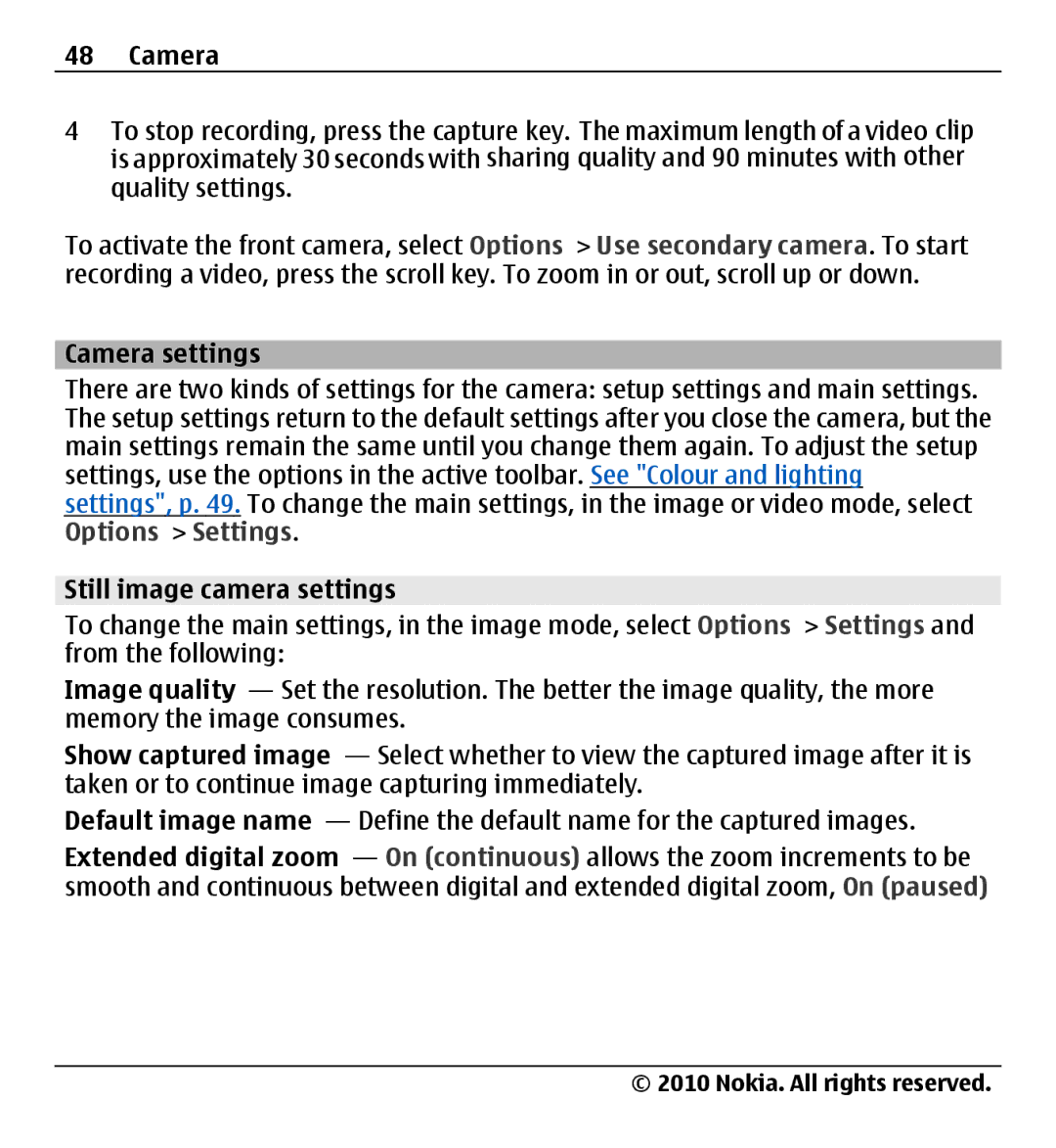 Nokia X500 manual Camera settings, Still image camera settings 