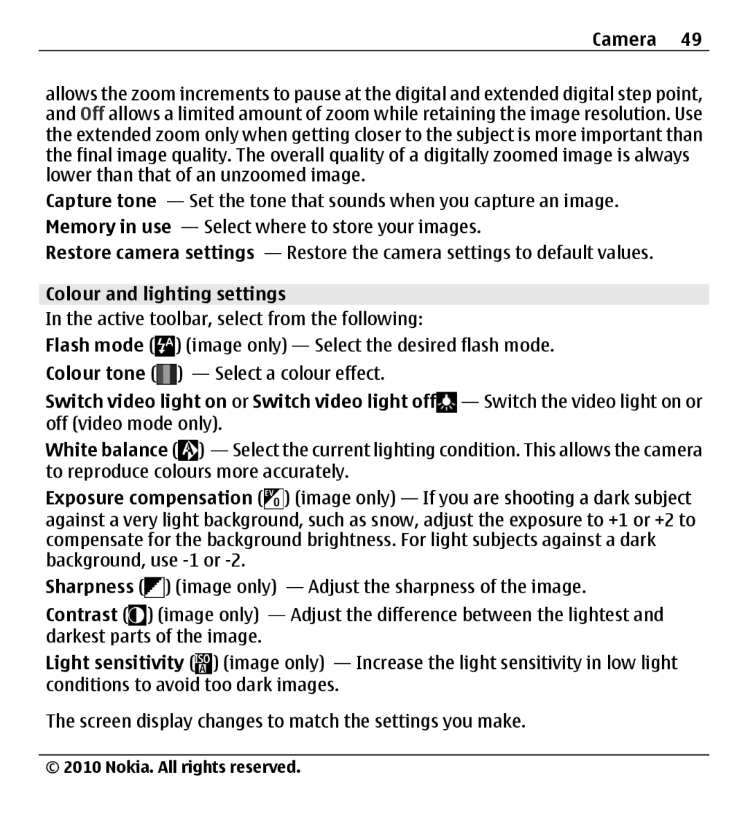 Nokia X500 manual Colour and lighting settings, White balance, Contrast 