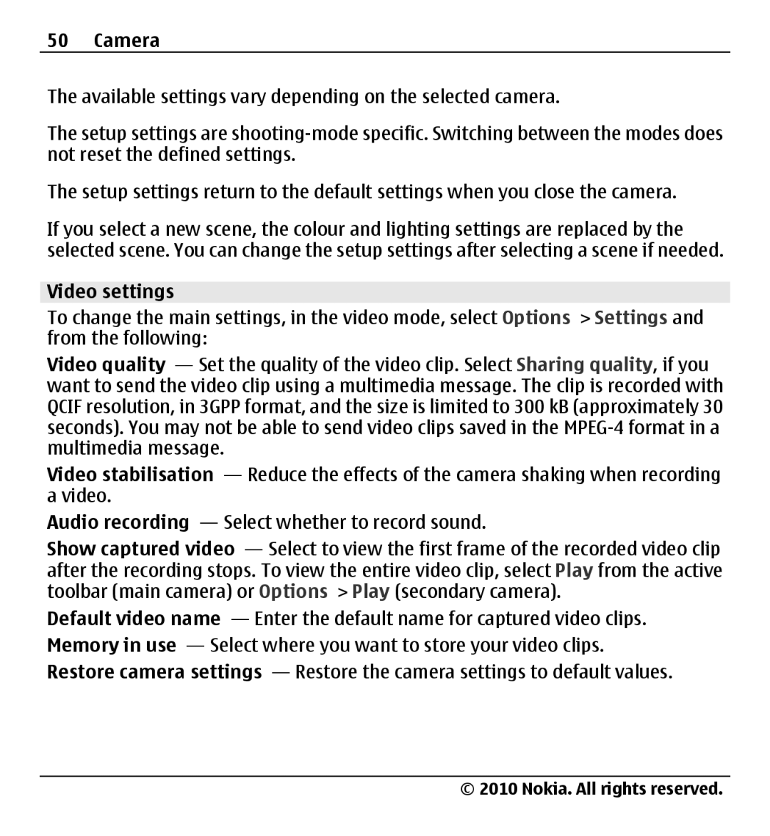 Nokia X500 manual Video settings 