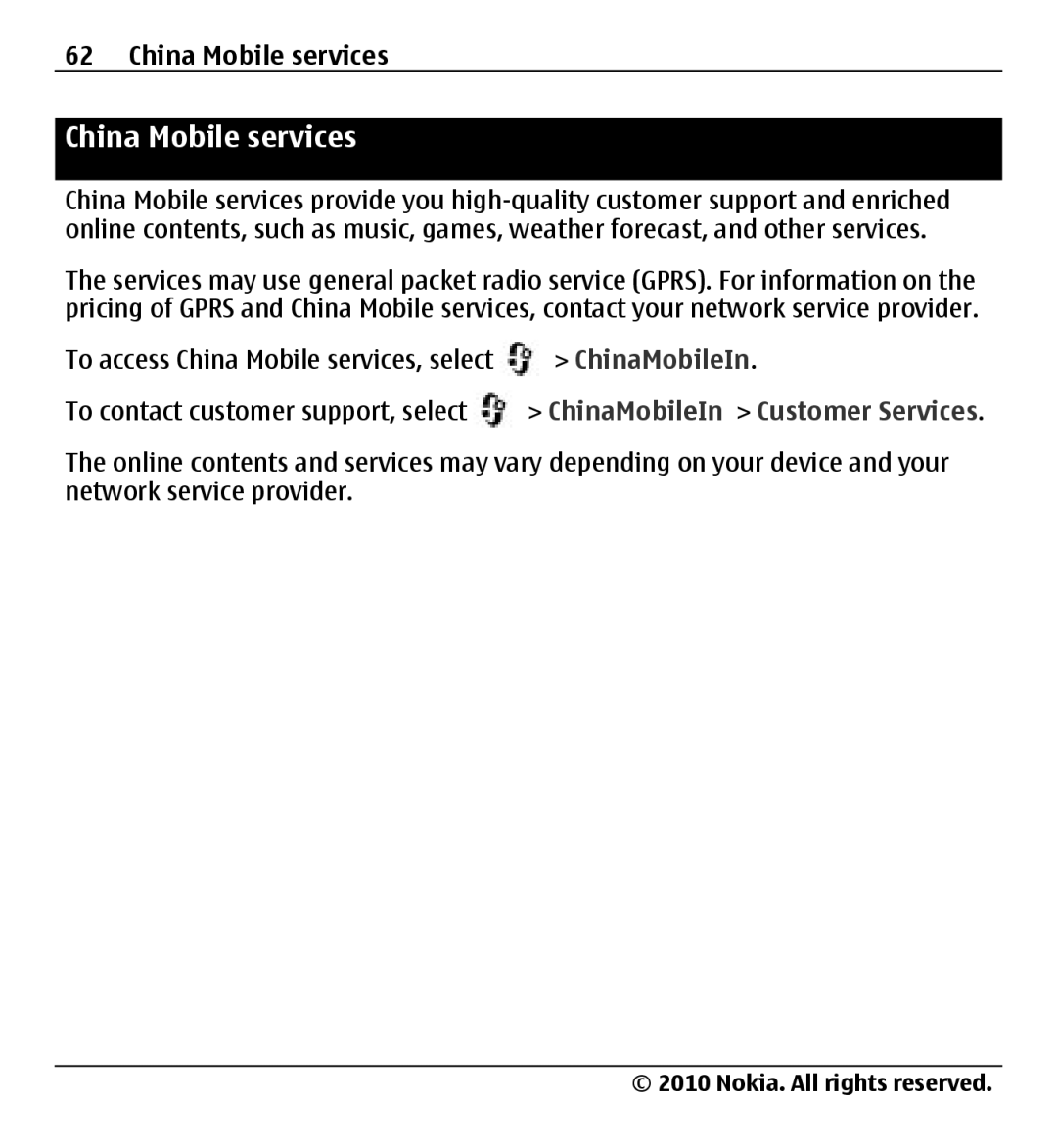 Nokia X500 manual China Mobile services 