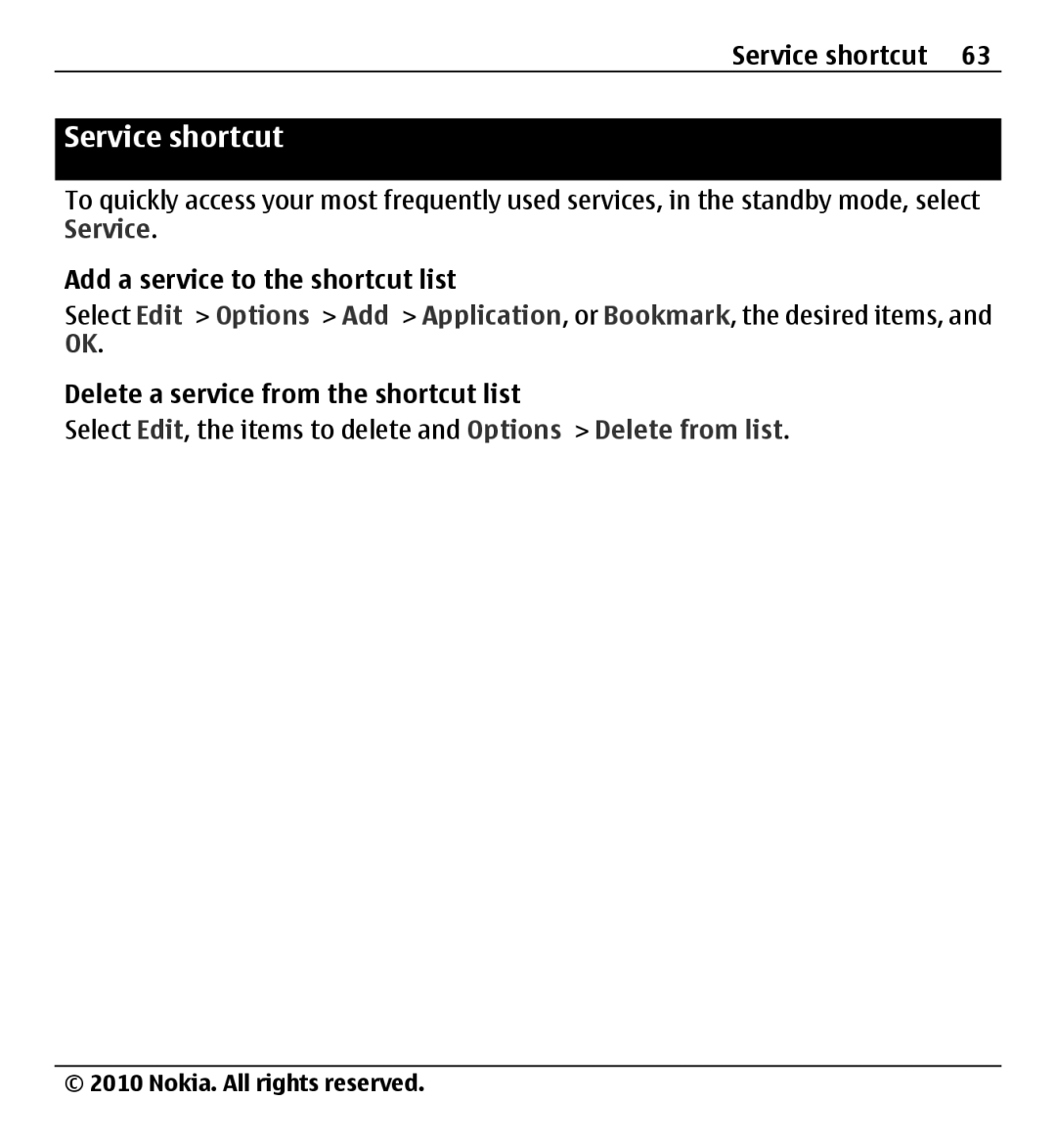 Nokia X500 manual Service shortcut, Add a service to the shortcut list, Delete a service from the shortcut list 