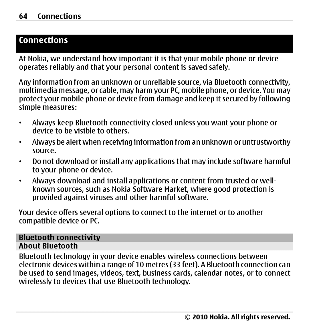 Nokia X500 manual Connections, Bluetooth connectivity About Bluetooth 