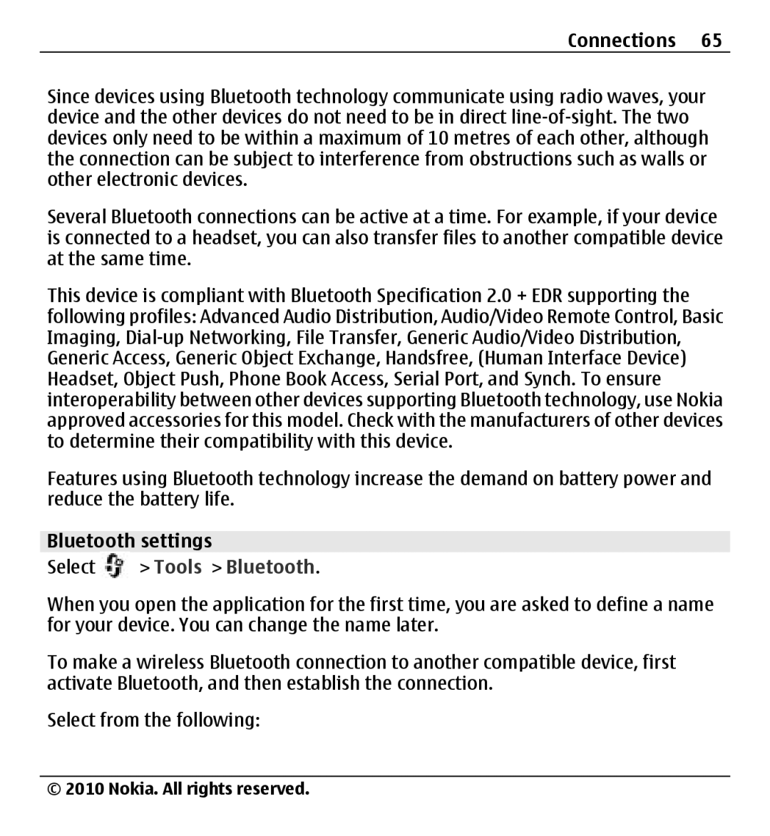 Nokia X500 manual Bluetooth settings, Select Tools Bluetooth 