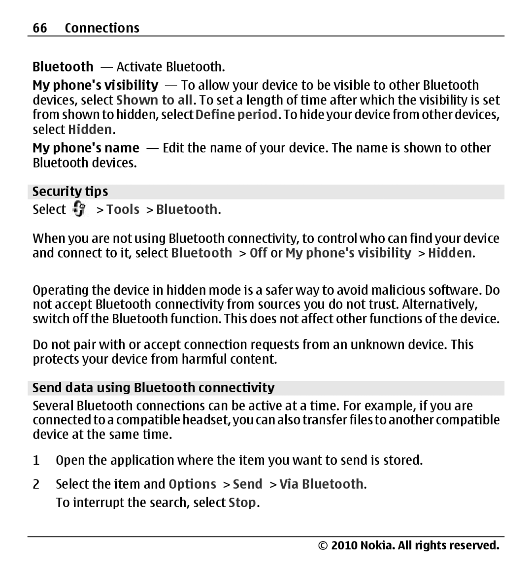 Nokia X500 manual Security tips, Send data using Bluetooth connectivity 